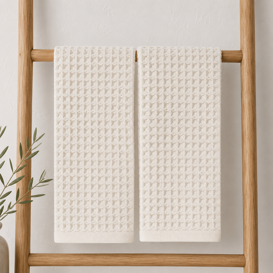 Two white waffle kitchen towels hanging on a wooden ladder with a white wall in the background and some green leaves on the left side.