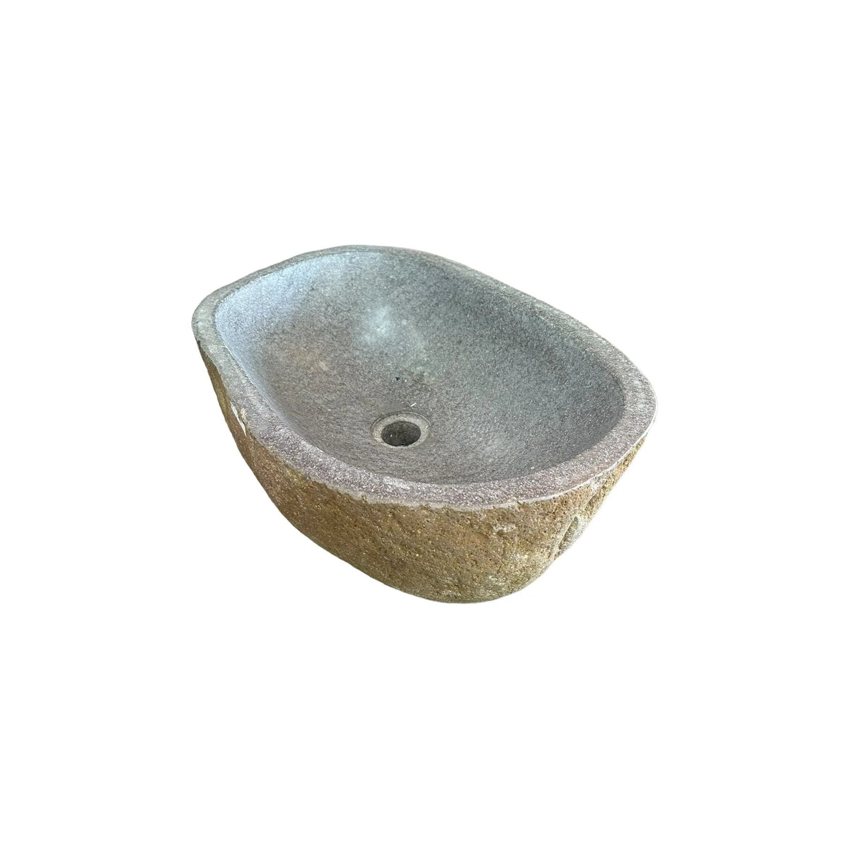 Natural stone basin sink with a rough texture and a smooth interior, set against a white background.