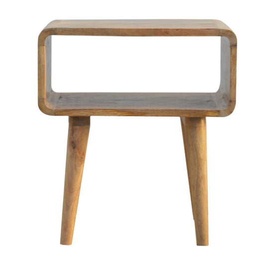 Hewn wood Curved Open Bedside, light brown, natural finish, simple design.