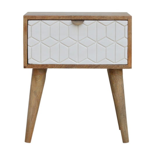 Sleek White Carved Bedside with geometric pattern and wood detailing, light brown finish, white drawer, wooden tapered legs, no setting visible.