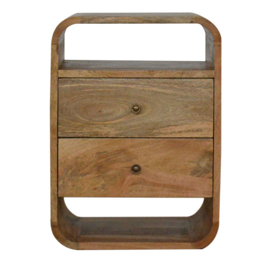 A wooden bedside table with 2 drawers and a handle, light brown in color, displayed against a white background.