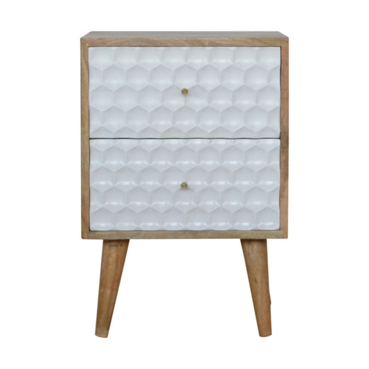 Honeycomb carved bedside with 2 drawers, white finish, light wood legs, isolated background.