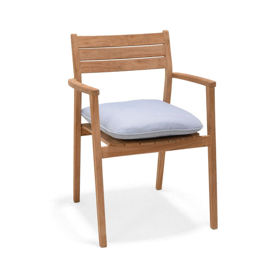 Jade Teak Stacking Armchair with Cushion Copen Blue, teak wood natural finish, blue cushion with white dots, plain background.