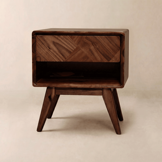 A dark brown, handcrafted solid wood nightstand with a parquet drawer and angled legs, placed against a neutral background.