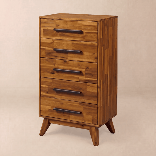 Linea solid wood dresser with black handles, medium brown finish, simple legs, minimalistic appearance, against plain light background