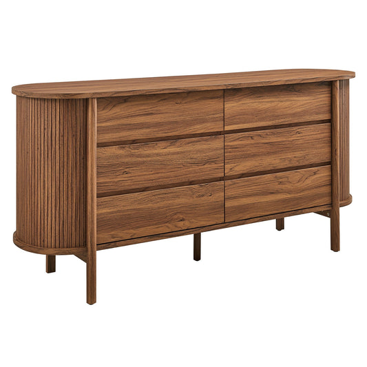 Wooden curved dresser with six drawers, natural wood finish, standing on floor.
