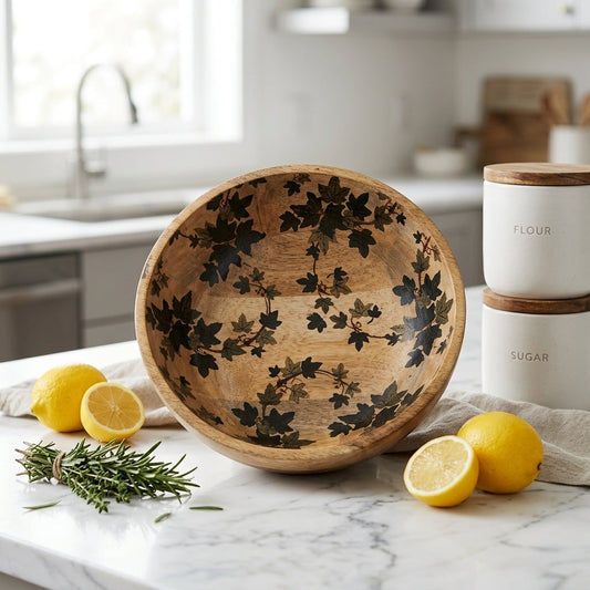 Transparent leaf-shaped mango wood bowl with leaf pattern, displayed on marble countertop in kitchen with lemons and herbs nearby.