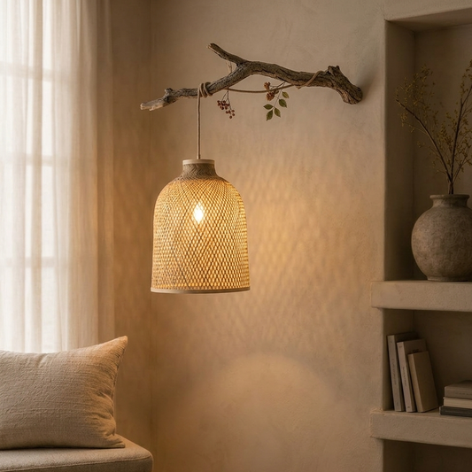 A high lattice bamboo cylinder pendant lamp hanging from a branch, emitting warm light in a cozy room with a beige cushion and shelves holding a vase with dried flowers and books.