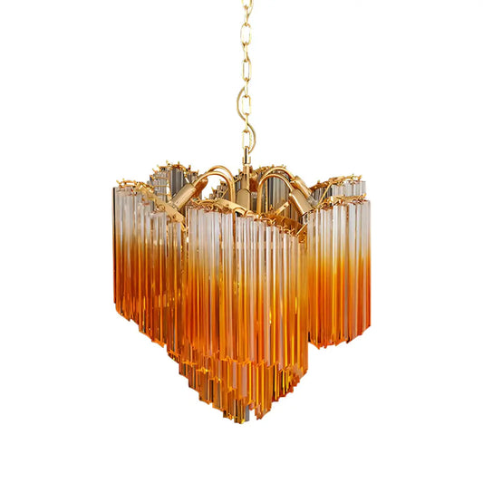 Chandelier with amber and clear glass prisms and gold hardware