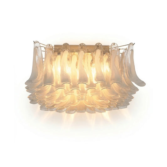 Murano-style glass petal ceiling light with pearlescent finish and soft yellow glow