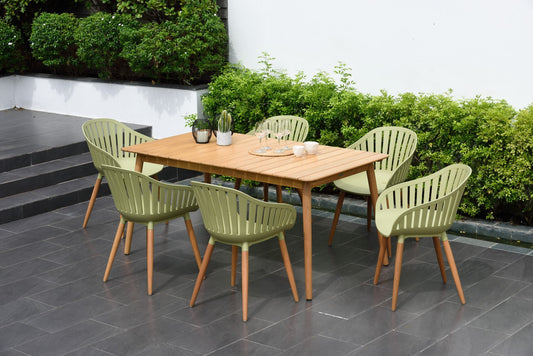 Sage green rectangular table and matching chairs on a tiled patio, set with accessories.