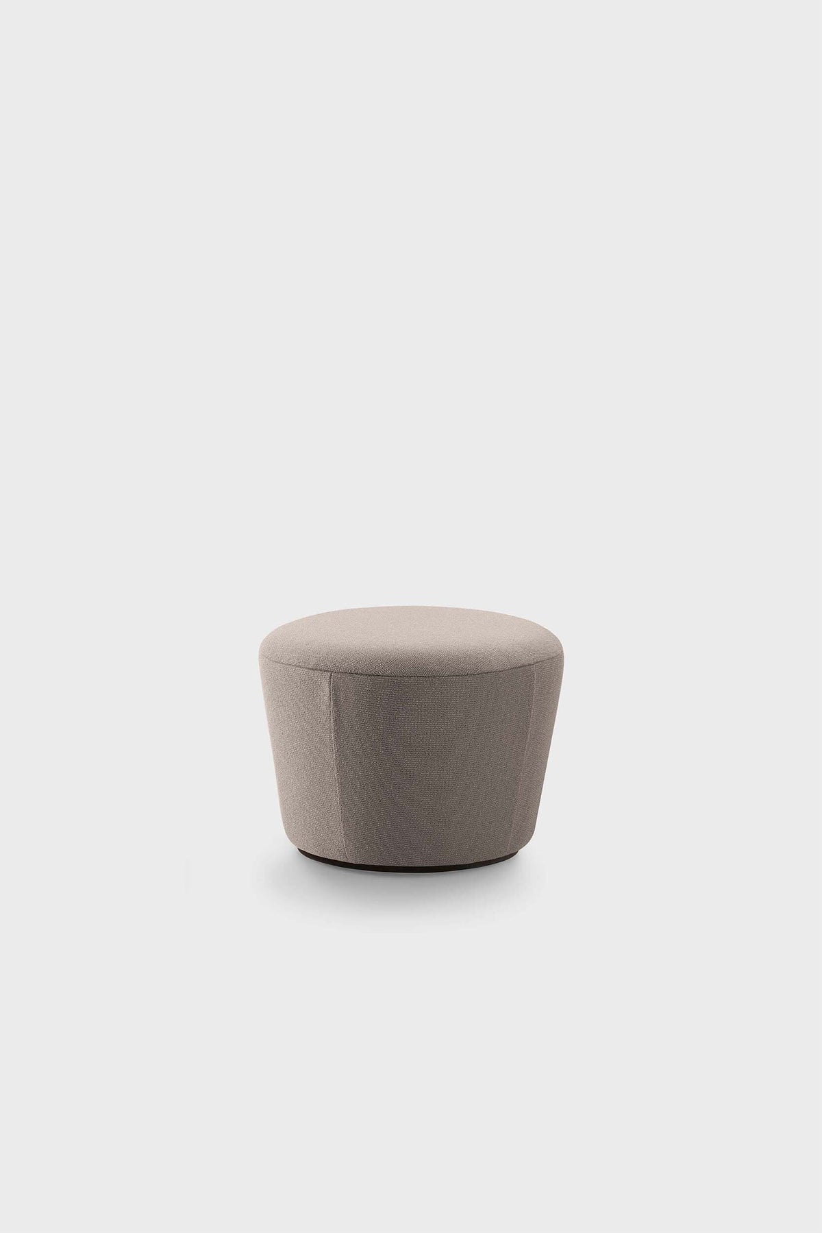 Circular, fabric pouf with a textured grayish-brown color against a plain background