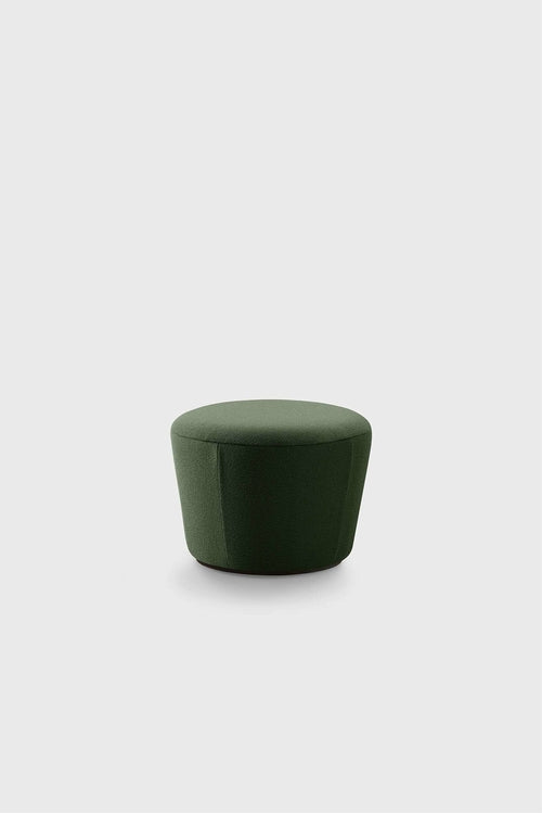 Dark green round pouf on a plain background, likely fabric.