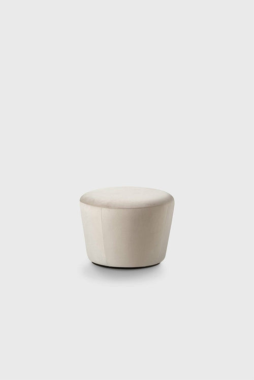 Round, beige upholstered pouf with a dark wooden base on a plain white surface.
