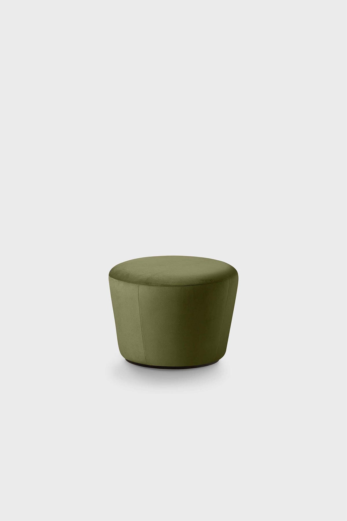A simple, round, olive green pouf with a smooth fabric finish.