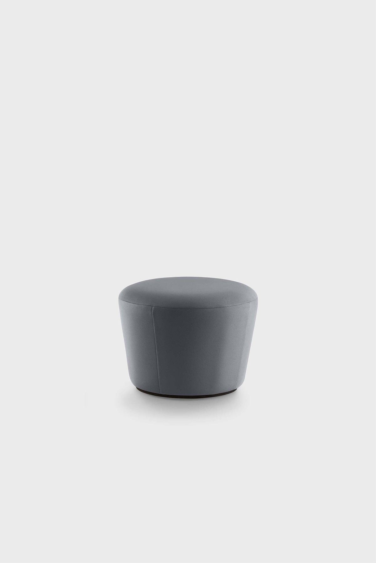 A grey pouf with a smooth, rounded design on a plain background.