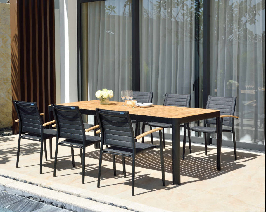 Teak and black aluminum rectangular dining set, supplier photo