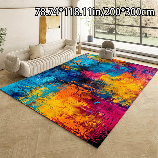 A colorful abstract rug with vibrant blues, reds, and yellows, placed in a modern living room with a beige sofa and large glass windows.