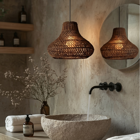 Natural rattan hanging lamp illuminates a minimalist bathroom with a stone sink and wood accents.