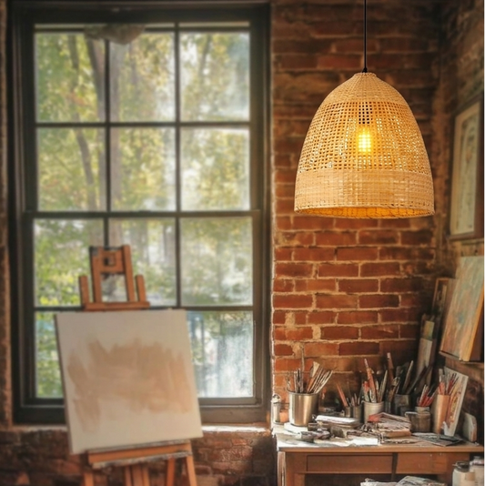 Handwoven bamboo pendant light hanging in a rustic brick-walled room, next to a window and art supplies