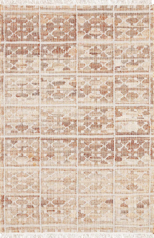 A cream-colored jute carpet with intricate geometric patterns and fringe borders.