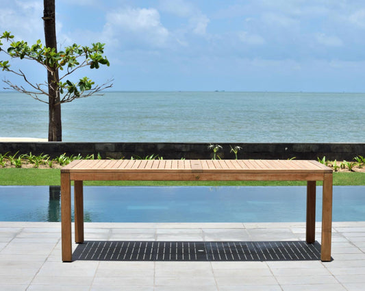 Teak bench by poolside
