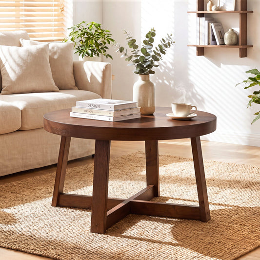 Round coffee table with solid wood legs on a woven rug in a well-lit room with beige cushions and a coffee cup.
