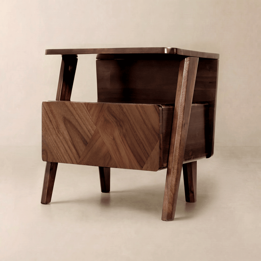 Rum Handcrafted Solid Wood Nightstand with parquet drawer design and angled legs, dark brown finish.