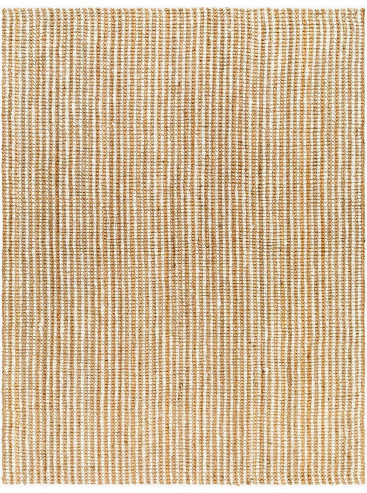 Tan and beige jute area rug with a tightly woven texture