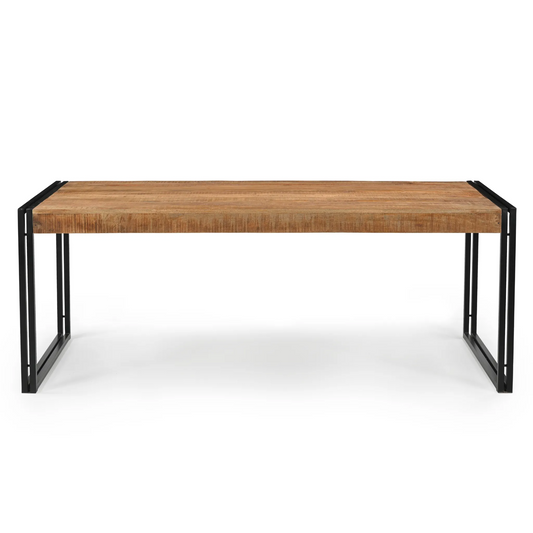 Reclaimed mango wood dining table with metal legs on a white background
