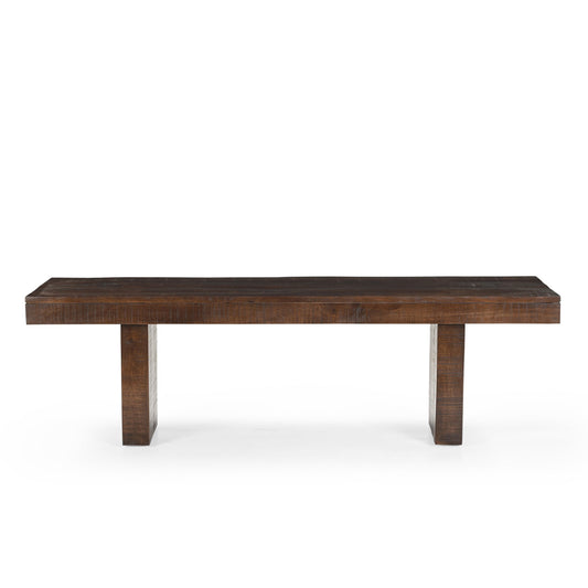 A dark brown Mango Wood bench with a simple design and visible wood grain.