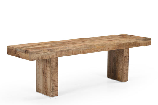60-inch solid natural mango wood bench with raw finish and visible wood grain
