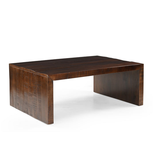 Dark brown wooden coffee table with visible grain and edges, minimalist setup.