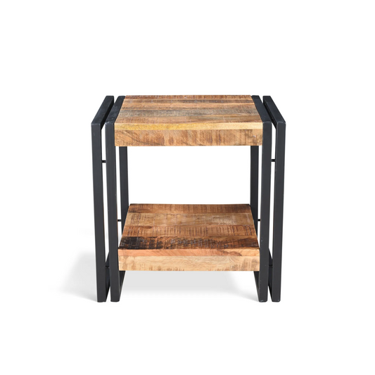 Mango wood side table with black metal legs, light brown finish.