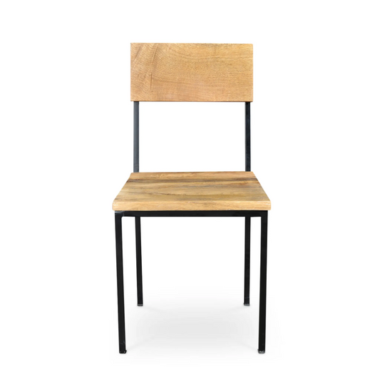 Reclaimed wood and metal chair with natural wood finish and dark metal legs.