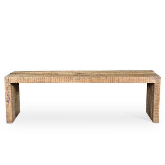 A wooden bench with a natural finish and earthy tones, placed on a white surface.