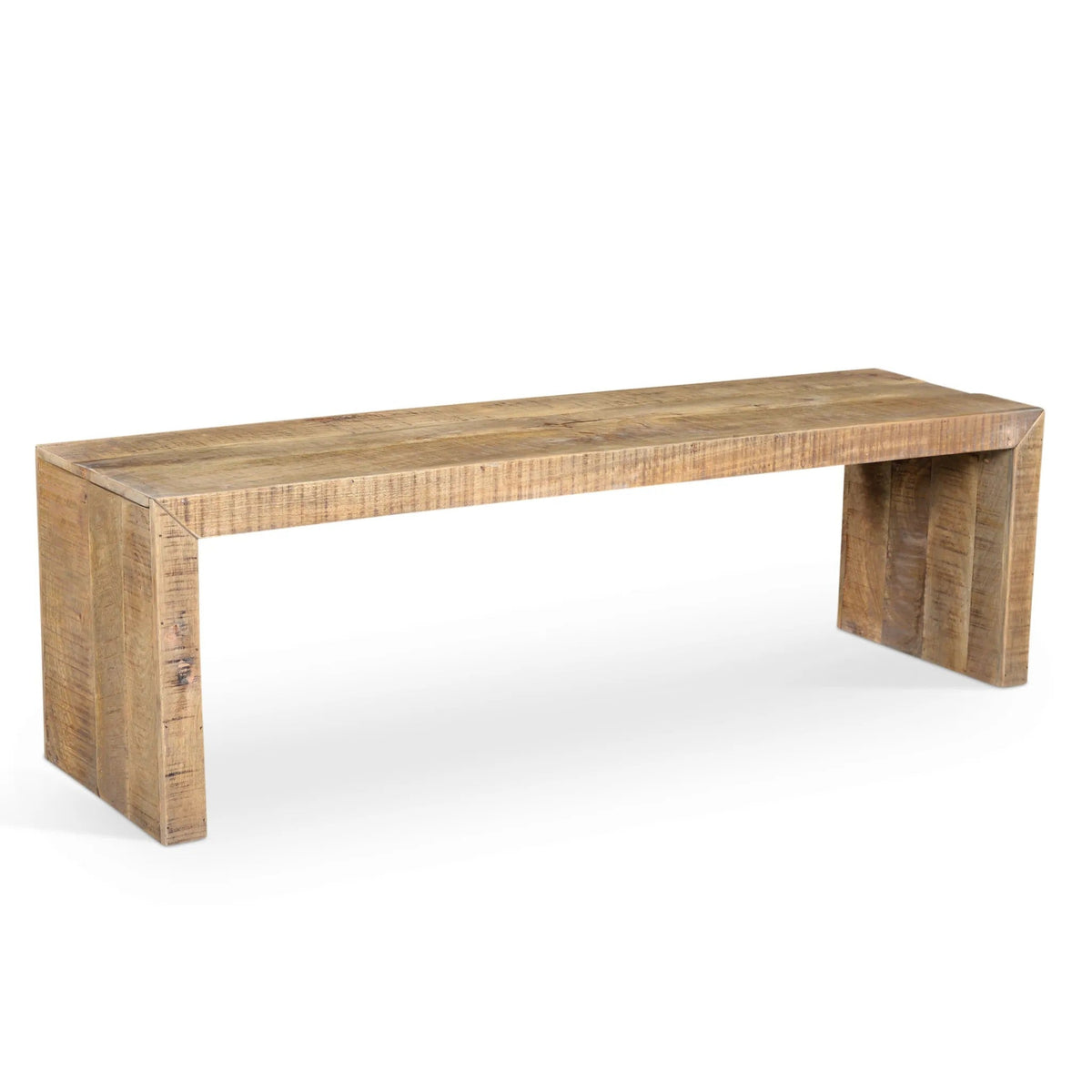 A rectangular wooden bench made of solid mango wood with a light natural finish.
