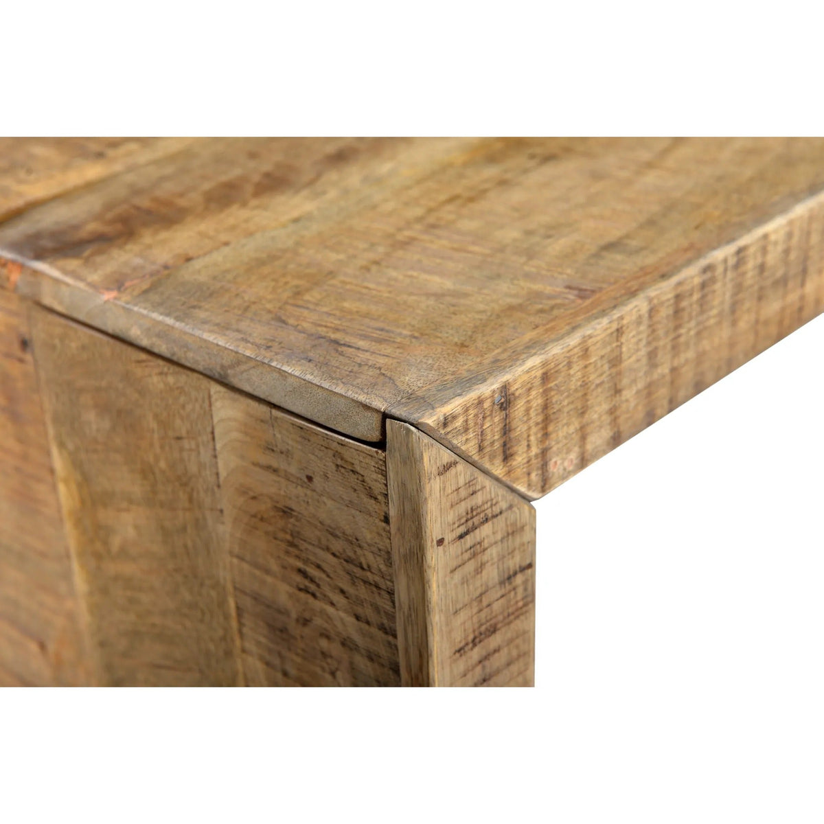 Detail of solid mango wood bench with natural grain and finish, light brown tones, minimal setting visible.
