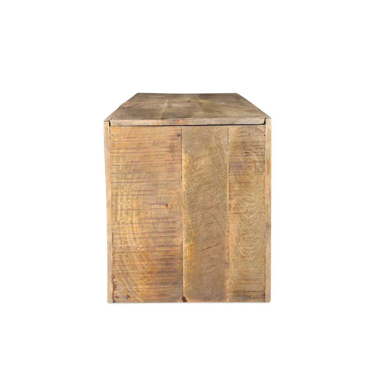 A light brown wooden bench with a rustic finish, showing visible grain and natural edge details. The image is clean without any added elements.