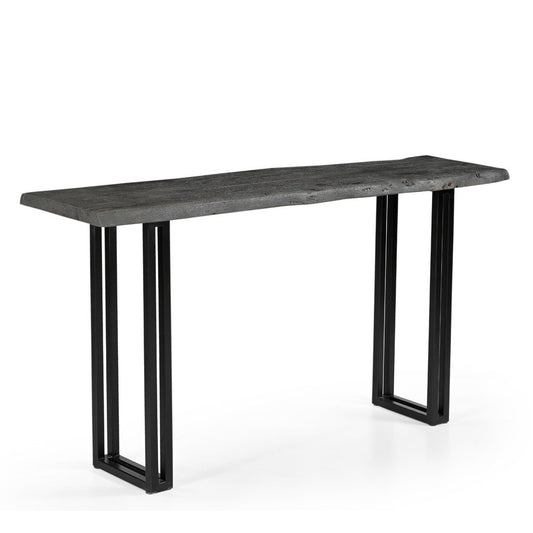 Sparrow Solid Wood Console Table - Gray with a textured gray top and black metal legs