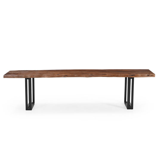Sparrow Solid Wood Dining Bench - Brown. Long wooden bench with a matte finish and dark metal legs.