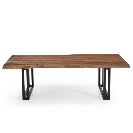 Modern rectangular coffee table with wood top and metal legs.