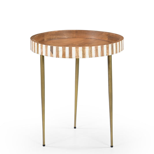 Picazuro end table with striped wood and brass legs against a white background