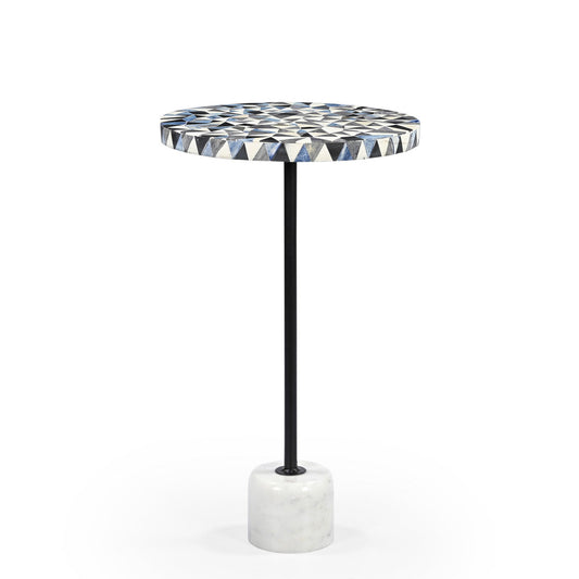 Sao Tome martini table with bone inlay, black rod, marble base, patterned top with white, black, and blue hues.
