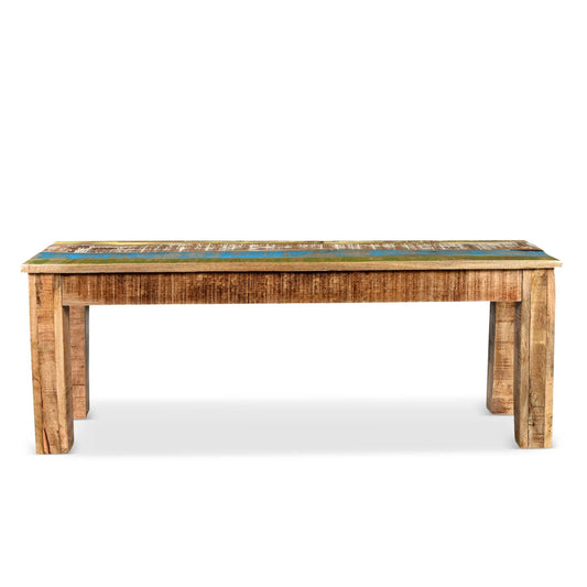 A rustic wooden bench with multicolor decorative top panel, showing natural wood texture and simple legs against a plain background.