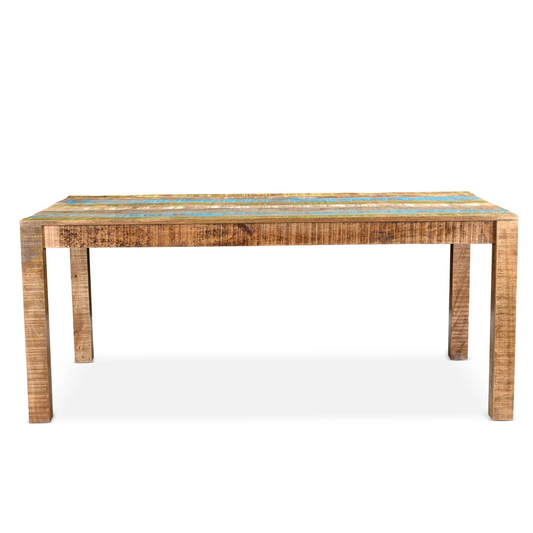 Wooden dining table with rustic multicolor inlay patterns