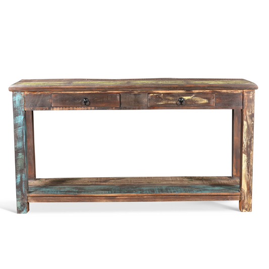 Reclaimed wood console table with two drawers and a lower shelf, faded green and brown tones, against a plain white background.