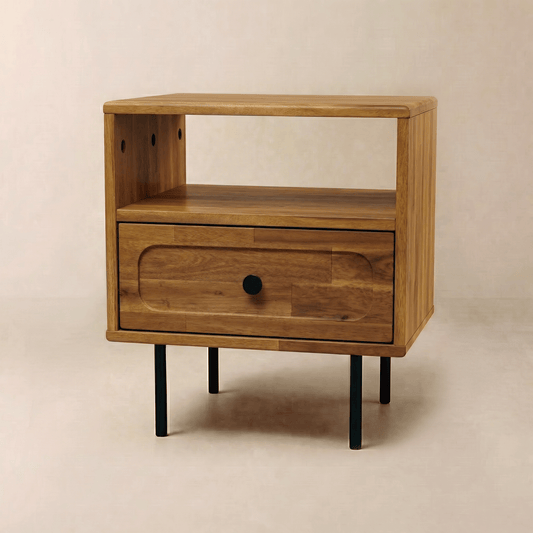 Wabi-sabi single-drawer nightstand with solid wood, natural finish, dark wood with black legs on neutral background. No branding or text.