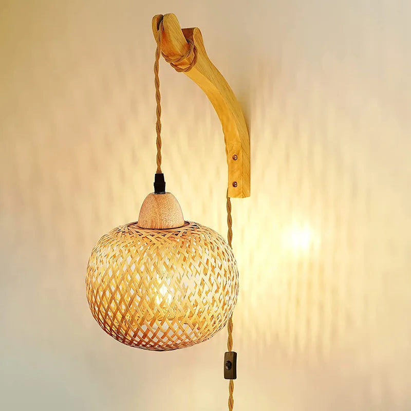Eco-Friendly Woven Bamboo Hanging Lamp - Rustic Boho Wall Lighting