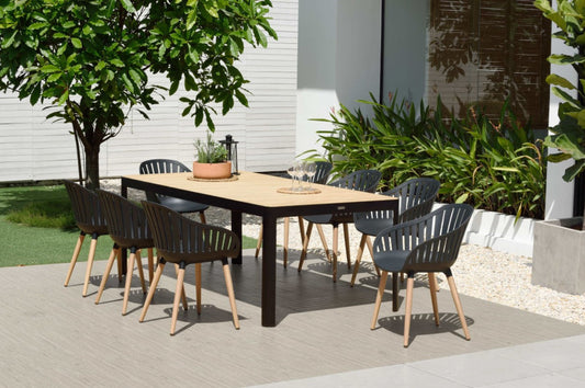 Portals 9-piece rectangular teak dining set with dark carver chairs, supplier photo